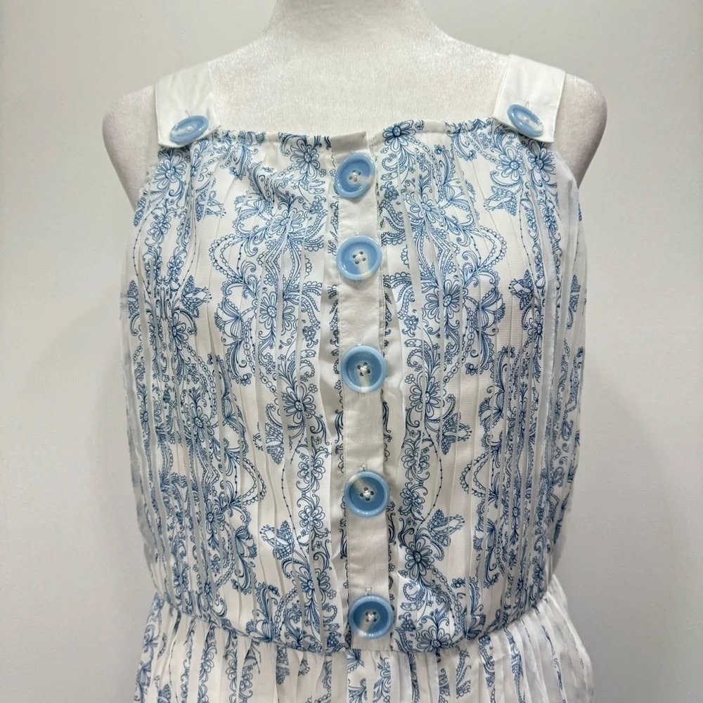 Blue & Ivory Pleated Plisse Skirt Dress KAS ModCloth Cottagecore Boho Milkmaid